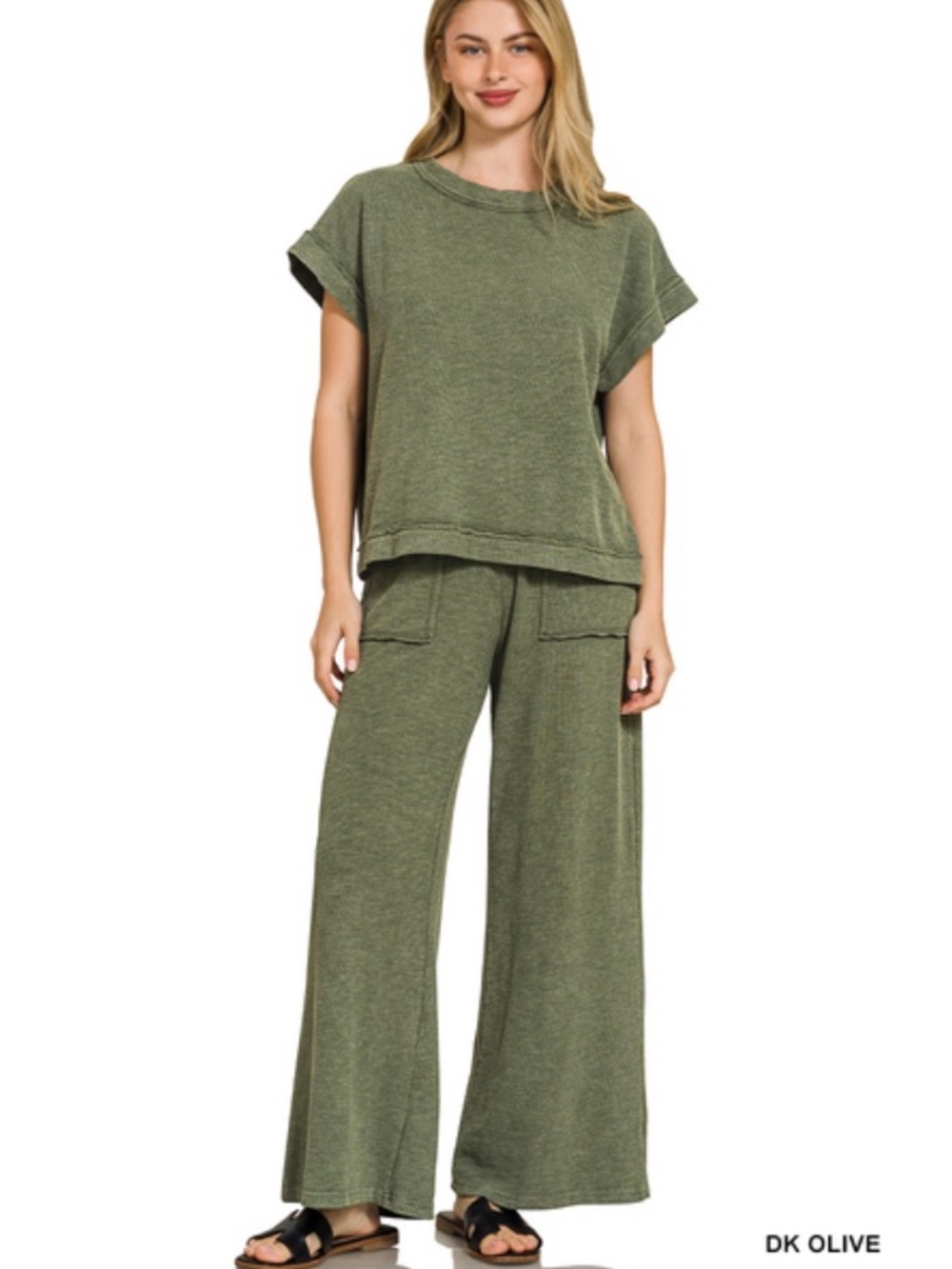 247 ❤️ ZENANA dk olive COTTON SLUB SHORT SLEEVE
TEE & LONG PANTS SET